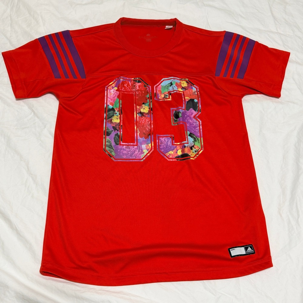 Adidas Red Floral Print Jersey Top Women Small Athletic Graphic Tshirt Blokecore